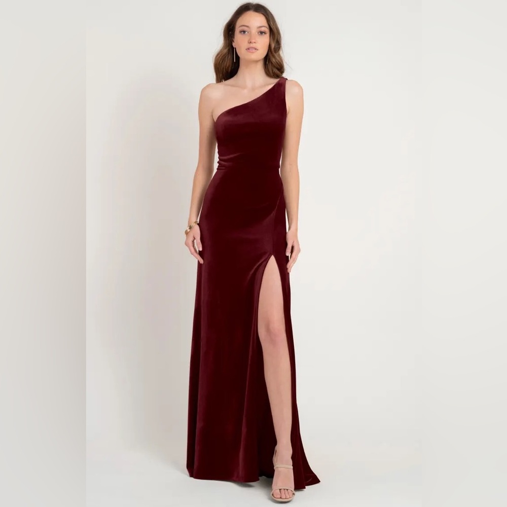 Jenny Yoo One-Shoulder Velvet Evening Gown in Burgundy